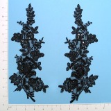 Black Venise Lace 11.25" Sequin Appliques  E2739-rose,embellishment,floral,sequin,beaded,beads,applique,black,flower,mirror,pair,left,right,venise,venice,lace,embroidered,patch