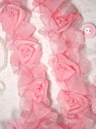 L28  Pink Organza Floral Sewing Trim 2.5"