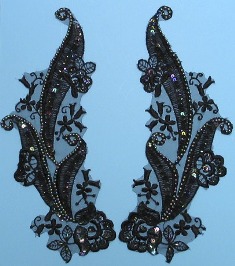 E340 Black Venise Lace Mirror Pair Sequin Beaded Appliques