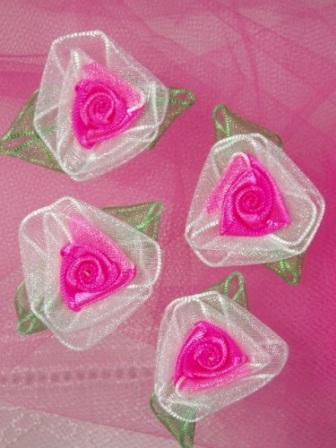 L53  Set of ( 4 ) Hot Pink Ribbon Roses 1.5"-organza,ribbon,rose,appliques,hot,pink