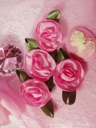 L60 Set of ( 4 ) Pink Ribbon Rose Flower Appliques 2.5"-ribbon,rose,applique,pink,flower,floral
