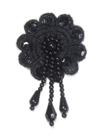 L64  Black Floral Lace Dangle Sequin Beaded Applique 2.5"-black,floral,flower,venice,lace,dangle,sequin,bead,beaded,beads,applique