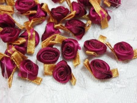 L7K  Set of (20) Burgundy Gold Ribbon Rose Appliques-applique,ribbon,rose,flower,floral