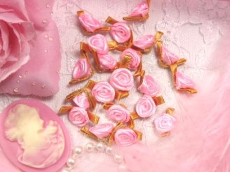 L7K  Set of (20) Pink Gold Ribbon Rose Appliques-applique,ribbon,rose,flower,floral