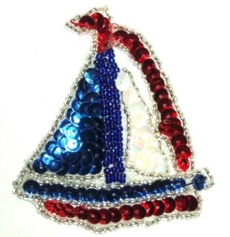 LC257  Sailboat Sequin Beaded Applique 2.75"-applique,sequin,beaded,sailboat,novelty