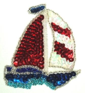 LC258  Sailboat Sequin Beaded Applique 3.25"-applique,sequin,beaded,sailboat,novelty