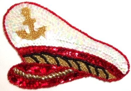 LC264  Red Captain's Hat Sequin Beaded Applique  5.5"-applique,sequin,beaded,captains,hat,sailor,,novelty