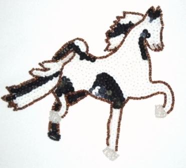 LC307  Black White Horse Beaded Sequin Applique 6"