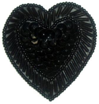 LC353  Black Heart Sequin Beaded Applique  2.25"