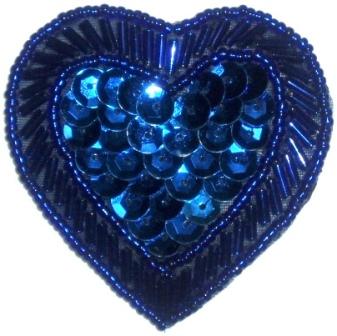 LC353  Blue Heart Sequin Beaded Applique  2.25"