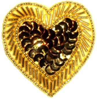 LC353  Gold Heart Sequin Beaded Applique  2.25"-applique,beaded,gold,heart,sequin