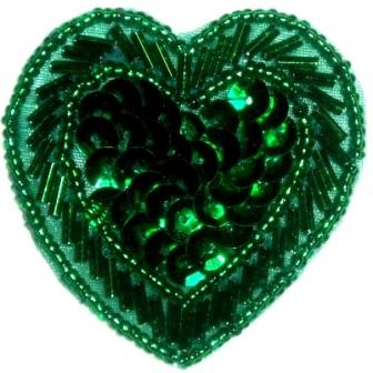 LC353  Green Heart Sequin Beaded Applique  2.25"