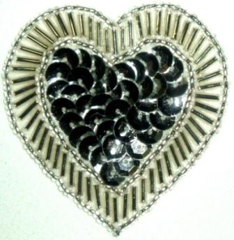 LC353  Silver Heart Sequin Beaded Applique  2.25"