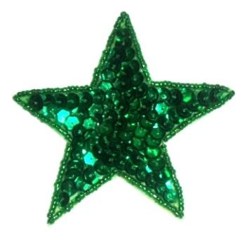 LC368  Green Star Sequin Beaded Applique 3"