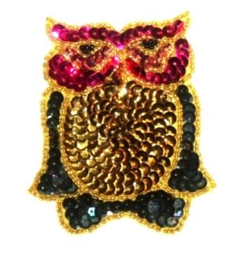 LC169  Large Owl Sequin Beaded Applique 7.75"