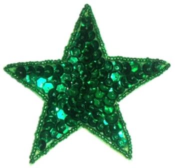 LC525  Kelly Green Star Sequin Beaded Applique 3.75"