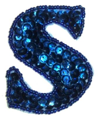 LC529  Blue Letter ( S ) Sequin Beaded Applique 2.25"-applique,sequin,beaded,blue,royal,letter,