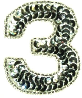 LC531 Silver Number ( 3 ) Sequin Beaded Applique 2.25"-applique,sequin,beaded,blue,royal,letter,