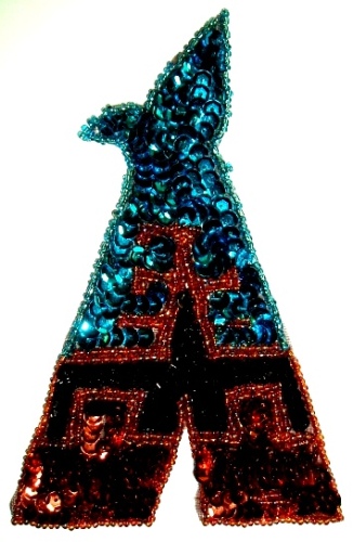 LC67 Indian Tepee Brown/Turquoise Sequin Beaded Applique 5.5"