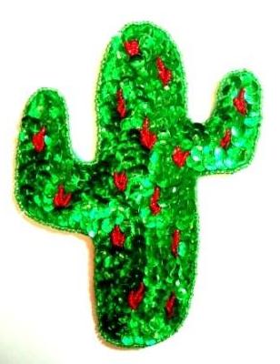 LC74 Cactus Green/Red Sequin Beaded Applique 6"