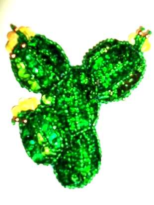LC76 Sm Cactus Green/Yellow Flower Sequin Beaded Applique3.25"