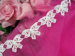 C47  White Venise Lace Victorian Bow Sewing Trim 1"-rose,lace,bow,trim,flower,floral,white,embellishment,embroidered,venise,venice,lace,victorian,sewing,clothing,sequin,beaded,bead,sequins,applique,motif,trim,trimmings,sewing,beaded,motif,patch,rose