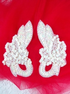 MA118  White AB Sequin Beaded Mirror Pair Appliques 4.25"