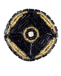 MA120 Black Gold Round Beaded Rhinestone Hair Bow / Brooch / Applique 1.75"
