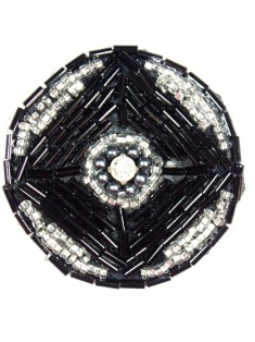MA120 Black Silver Round Beaded Rhinestone Hair Bow / Brooch / Applique 1.75"