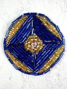 MA120 Royal Blue Gold  Round Beaded Rhinestone Hair Bow / Brooch / Applique 1.75"