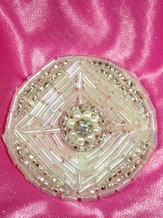 MA120  Crystal AB Silver Round Beaded Rhinestone Hair Bow / Brooch / Applique 1.75"