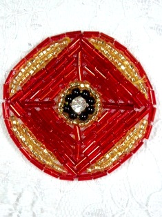 MA120 Red Gold Round Beaded Rhinestone Hair Bow / Brooch / Applique 1.75"