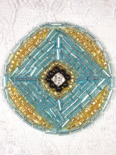 MA120 Turquoise Gold Round Beaded Rhinestone Hair Bow / Brooch / Applique 1.75"