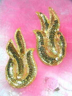 MA125H Gold Flame Mirror Pair Beaded Sequin Appliques 4.5"