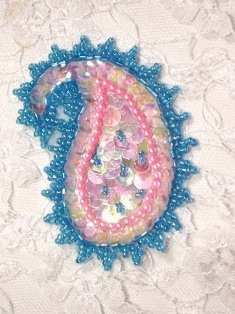 MA184 Blue / Pink  AB Beaded Sequin Paisley Hair Bow /  Brooch  / Applique 3"