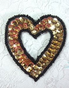MA184 Black & Gold Heart Sequin Beaded Hair Bow / Brooch / Applique  2"
