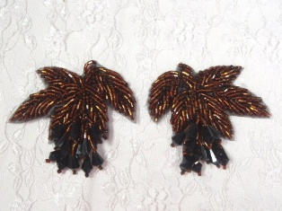MA192  Bronze Black Leaf Beaded Dangle Mirror Pair Appliques Earrings 2.5"