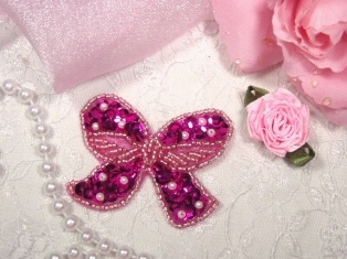 MA250 Fuchsia Beaded Sequin Bow Brooch / Hair Bow / Applique 2"