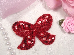 MA250 Red Beaded Sequin Bow Brooch / Hair Bow / Applique 2"