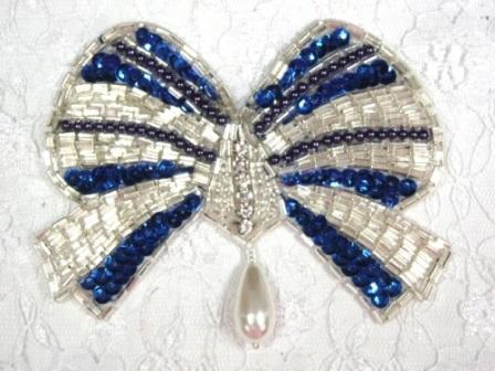 MA337 Blue & Silver Bow Sequin Beaded Dangle Hair Bow / Brooch / Applique 4.5"