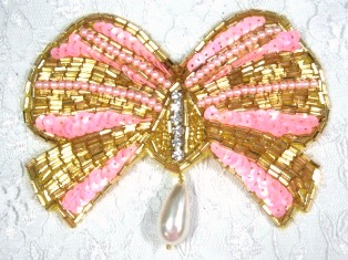 MA337 Pink & Gold Bow Sequin Beaded Dangle Hair Bow / Brooch / Applique 4.5"