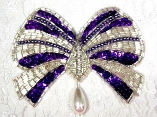 MA337 Purple & Silver Bow Sequin Beaded Dangle Hair Bow / Brooch / Applique 4.5"
