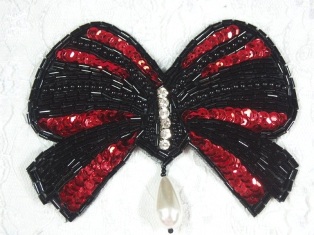 MA337 Red & Black Bow Sequin Beaded Dangle Hair Bow / Brooch / Applique 4.5"