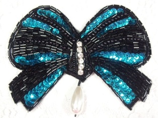 MA337 Turquoise & Black Bow Sequin Beaded Dangle Hair Bow / Brooch / Applique 4.5"
