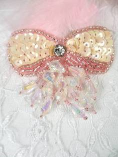 MA361 Pink Bow Dangle Beaded  Sequin Applique 2.5"