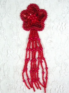 MA42 Red Sequin Beaded Dangle Hair Bow / Brooch / Earrings / Applique 4.25"