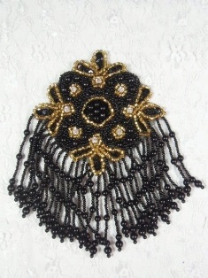 MA65 Black & Gold Rhinestone Beaded Sequin Dangle Epaulet Hair Bow / Brooch /  Applique 6"