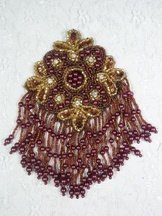 MA65 Bronze & Gold Rhinestone Beaded Sequin Dangle Epaulet Hair Bow / Brooch / Applique 6"