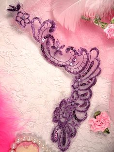 MS12 Lavender Metallic Venise Lace Beaded Sequin Applique 7"
