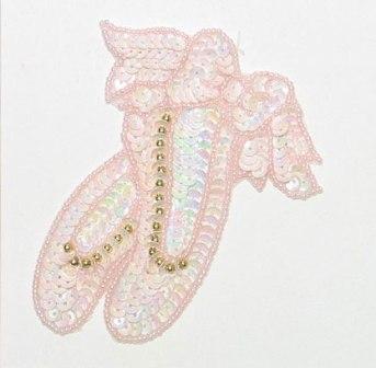 E1203 S Pink Ballet Slippers Sequin Beaded Applique 4.25"